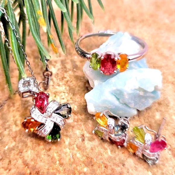 Nature Tourmalines Gemstone Windwill  925 Jewelry 4pcs Set - Picture 4 of 10